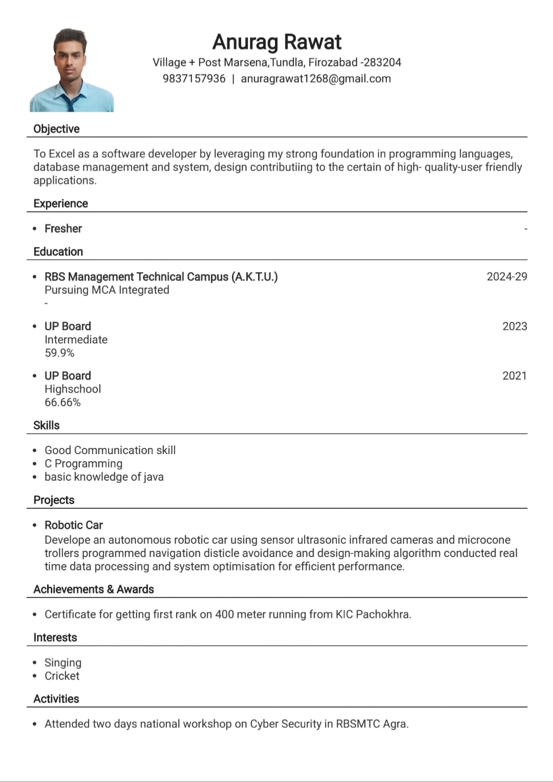 Anurag Rawat - Resume Page 1
